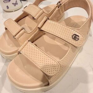 Gucci Nude Perforated Leather Velcro Sandals with GG Accent